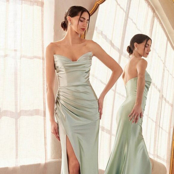 New Strapless Sheath Bridesmaid Satin Gown w/ V-Neck & Daring Leg Slit CD T704 - Picture 1 of 10